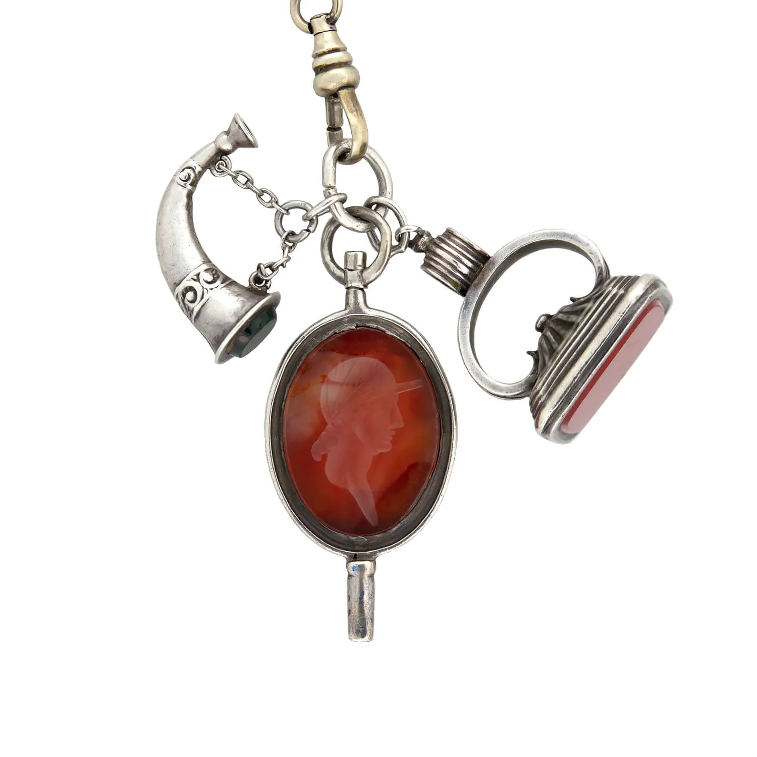 Victorian Sterling/Gold Filled Chain with Bloodstone   Carnelian Fob Pendants Necklace