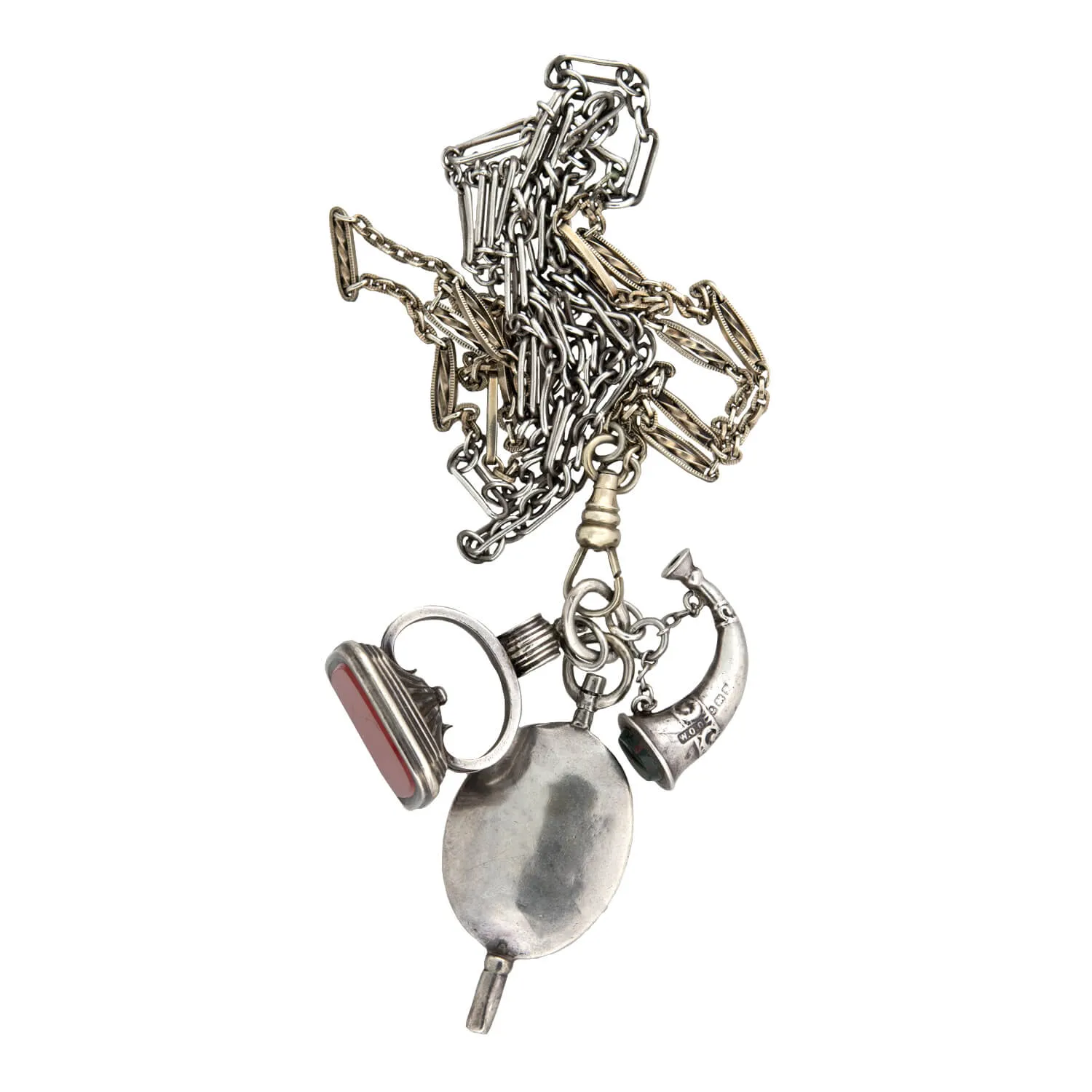 Victorian Sterling/Gold Filled Chain with Bloodstone   Carnelian Fob Pendants Necklace