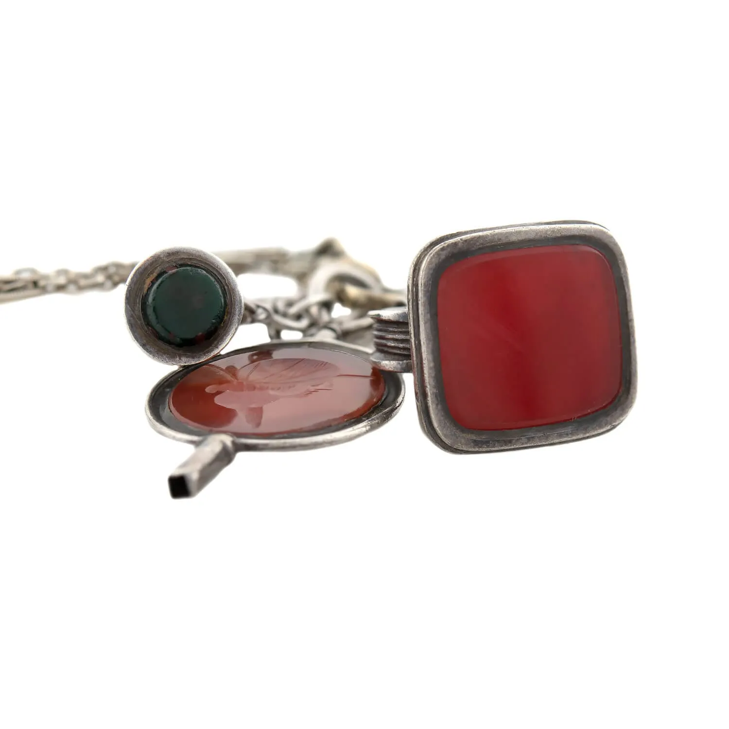 Victorian Sterling/Gold Filled Chain with Bloodstone   Carnelian Fob Pendants Necklace