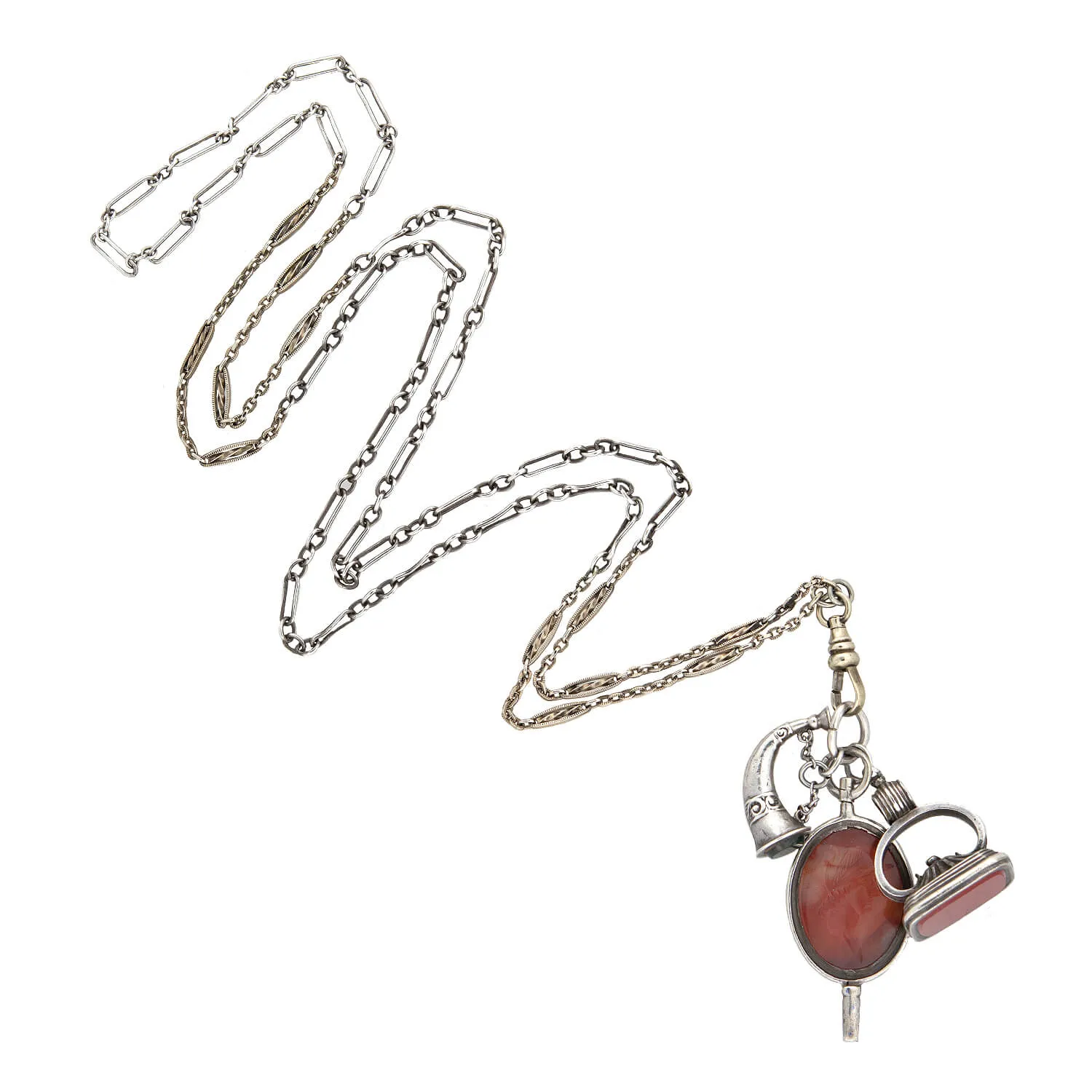 Victorian Sterling/Gold Filled Chain with Bloodstone   Carnelian Fob Pendants Necklace