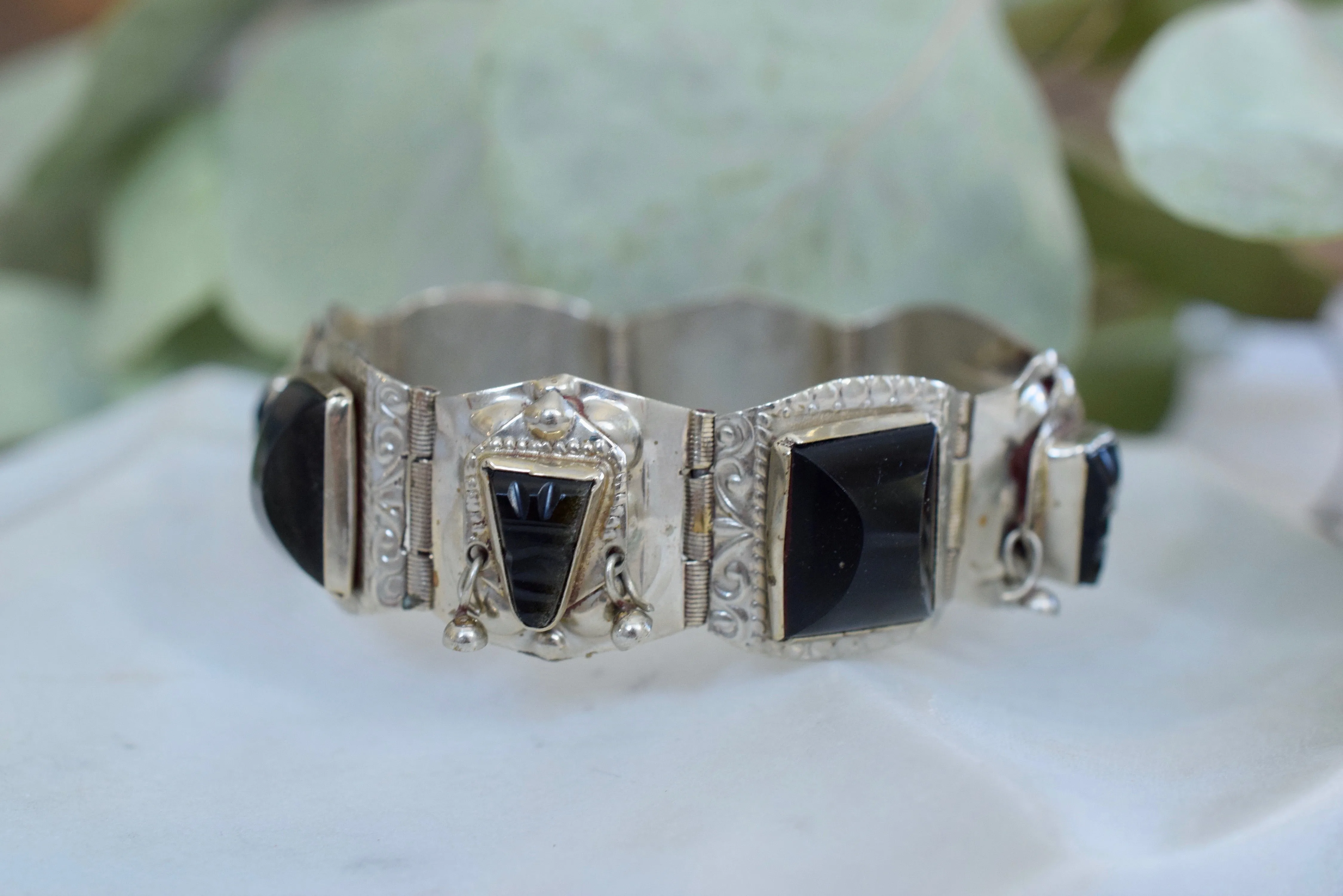 Vintage 1950s Mexican Silver & Onyx Bracelet