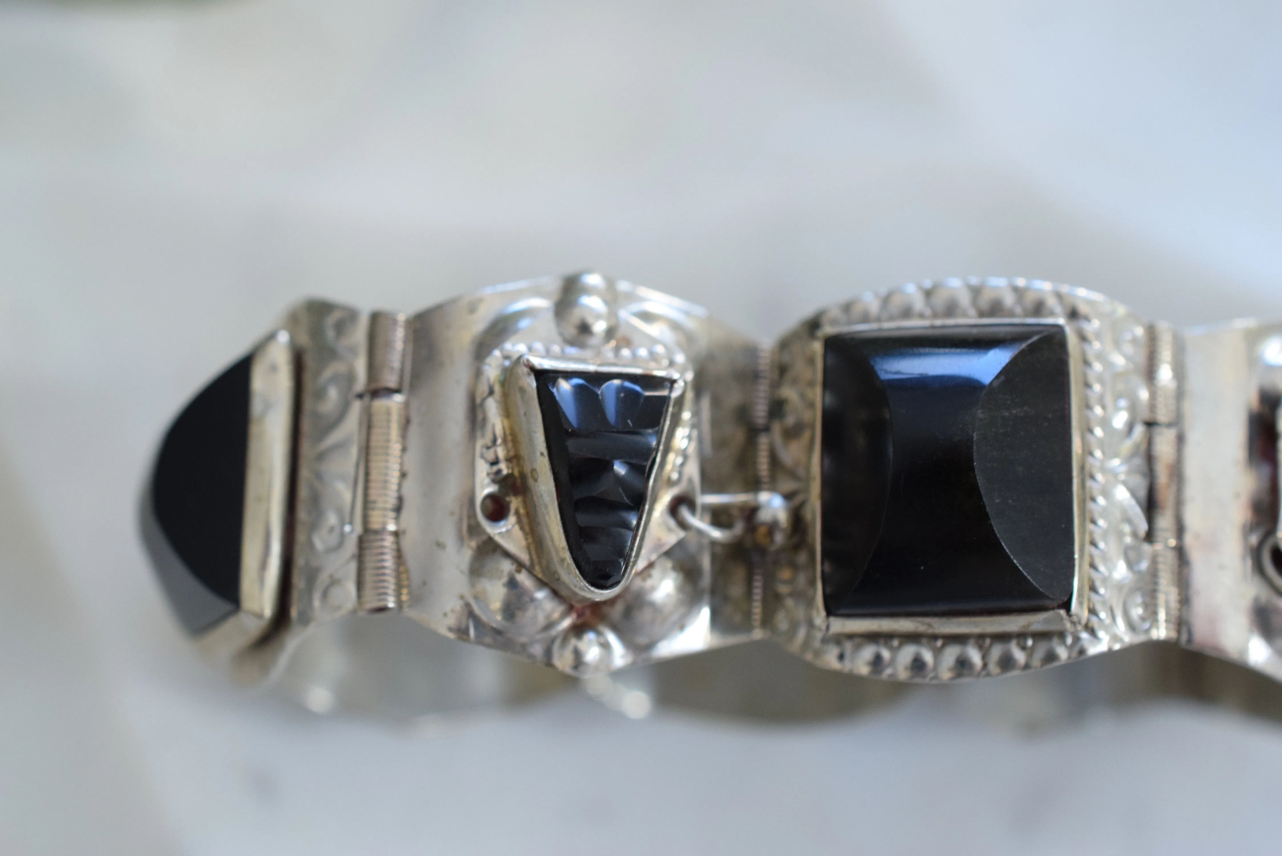 Vintage 1950s Mexican Silver & Onyx Bracelet