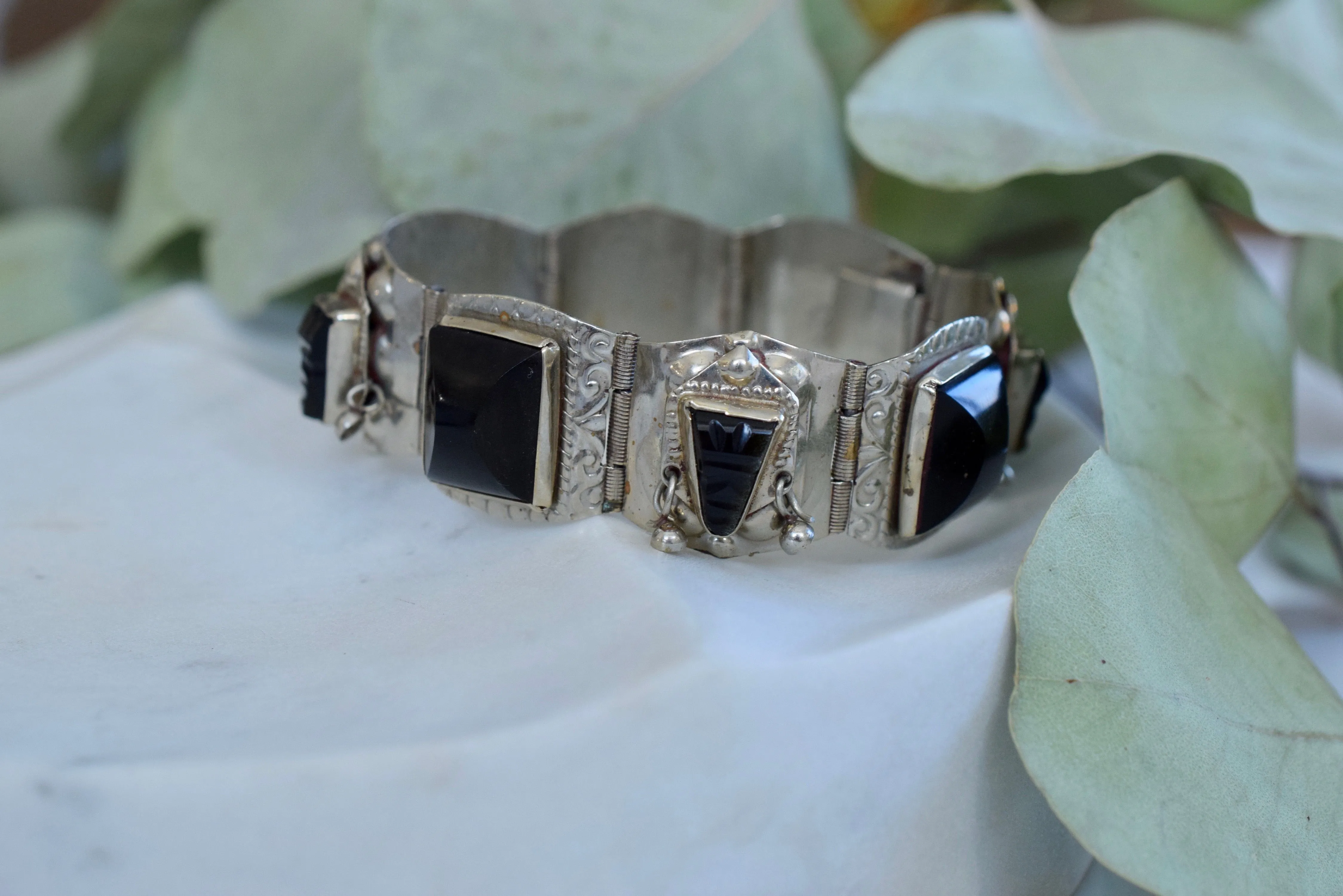 Vintage 1950s Mexican Silver & Onyx Bracelet