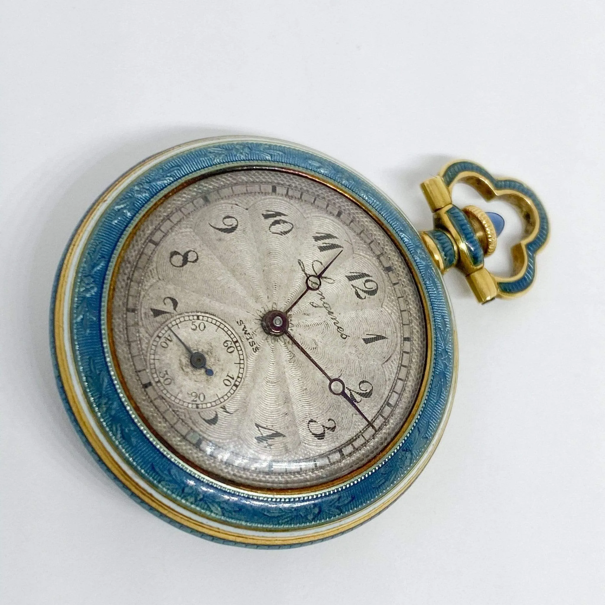 Vintage Edwardian Longines Swiss Blue Enamel Diamond Watch Pendant 18KY Gold