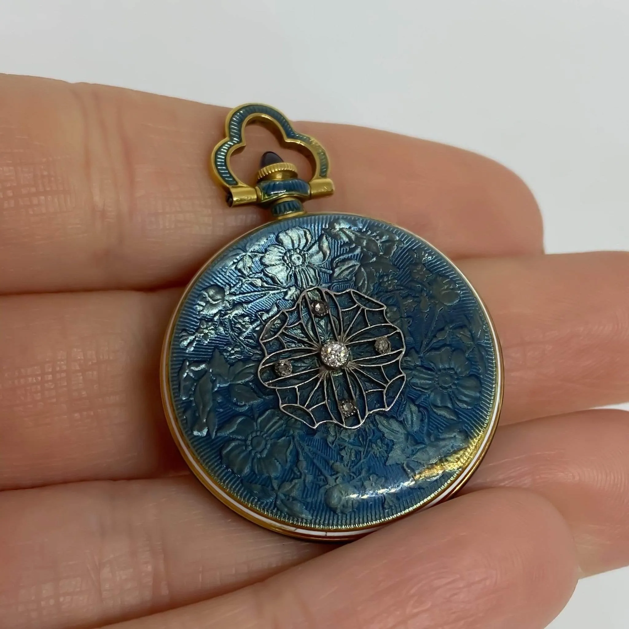 Vintage Edwardian Longines Swiss Blue Enamel Diamond Watch Pendant 18KY Gold