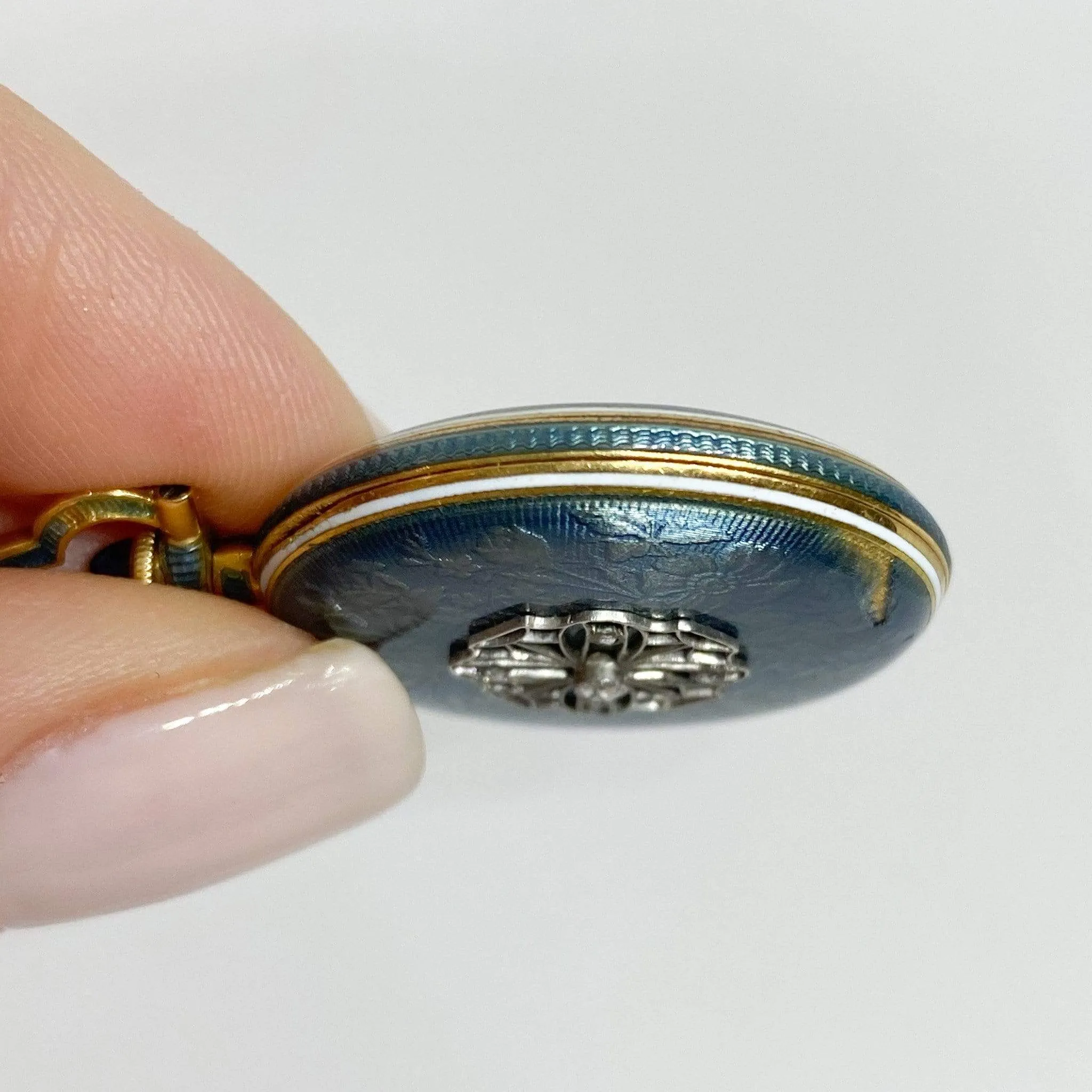 Vintage Edwardian Longines Swiss Blue Enamel Diamond Watch Pendant 18KY Gold