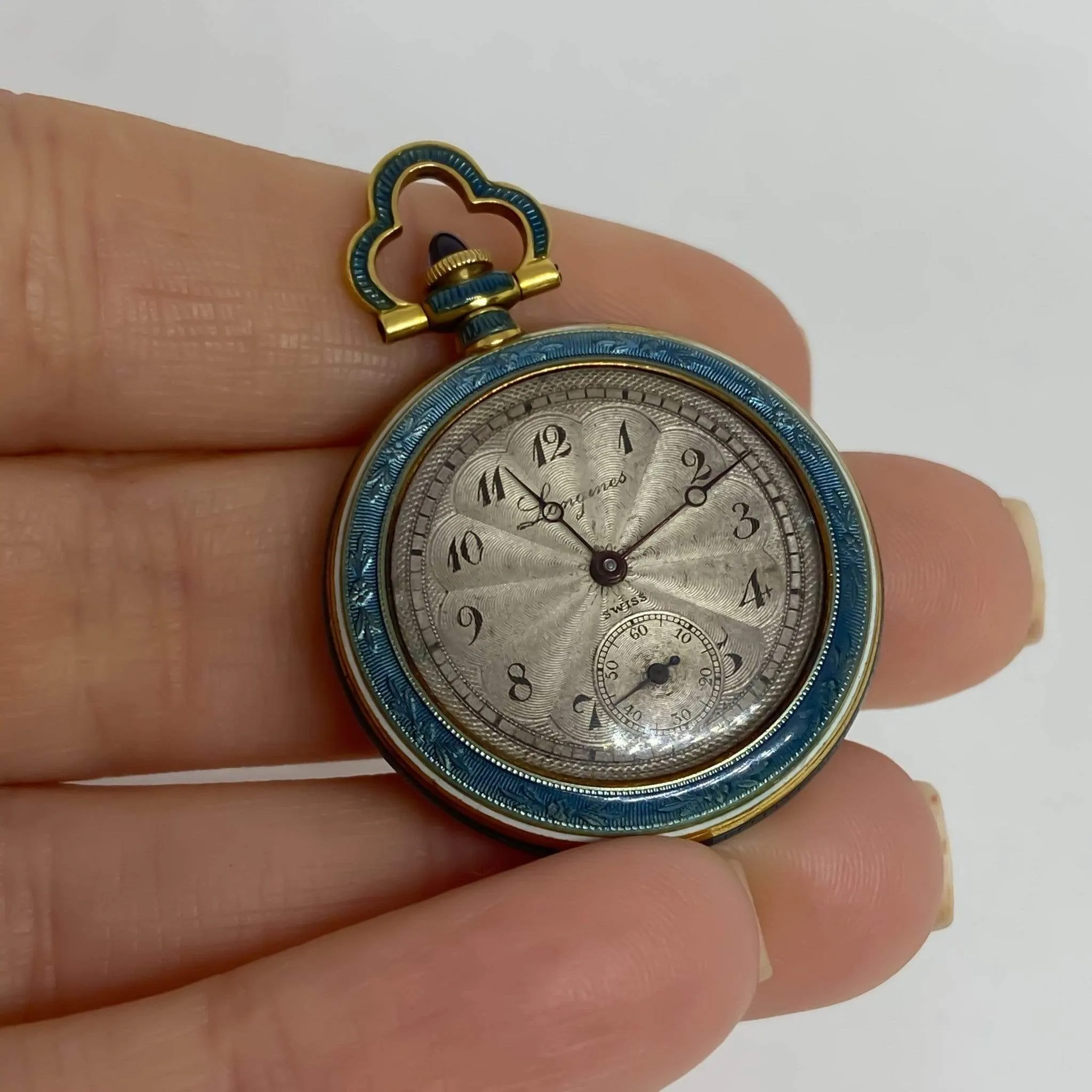 Vintage Edwardian Longines Swiss Blue Enamel Diamond Watch Pendant 18KY Gold