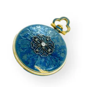 Vintage Edwardian Longines Swiss Blue Enamel Diamond Watch Pendant 18KY Gold