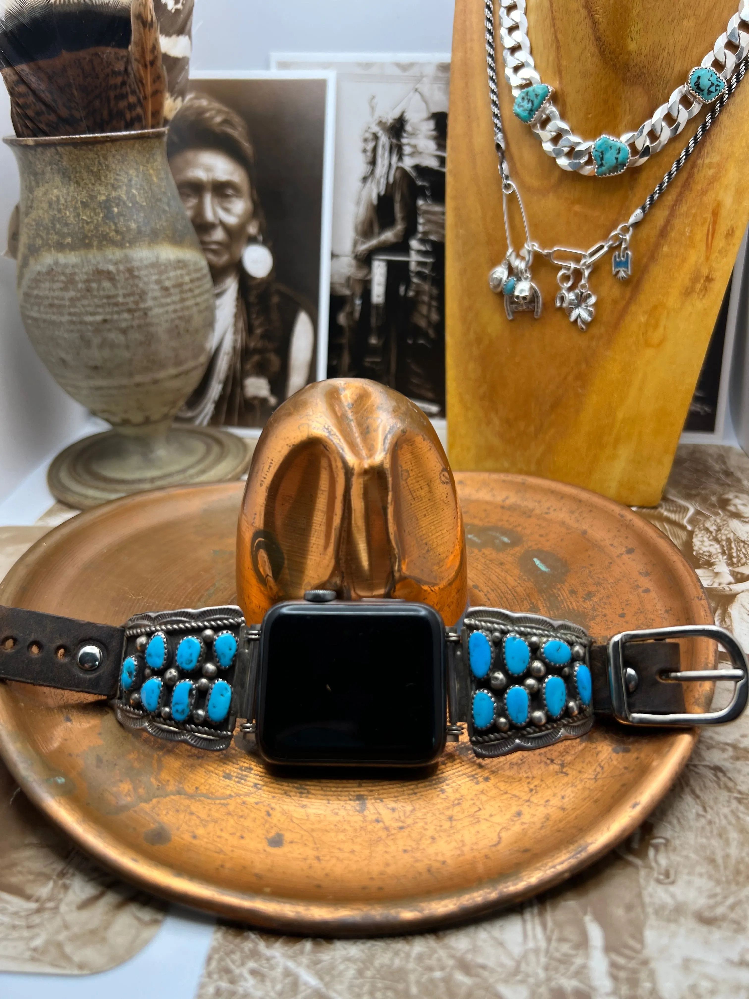 Vintage Native American Sterling Silver Watch Band with Turquoise F