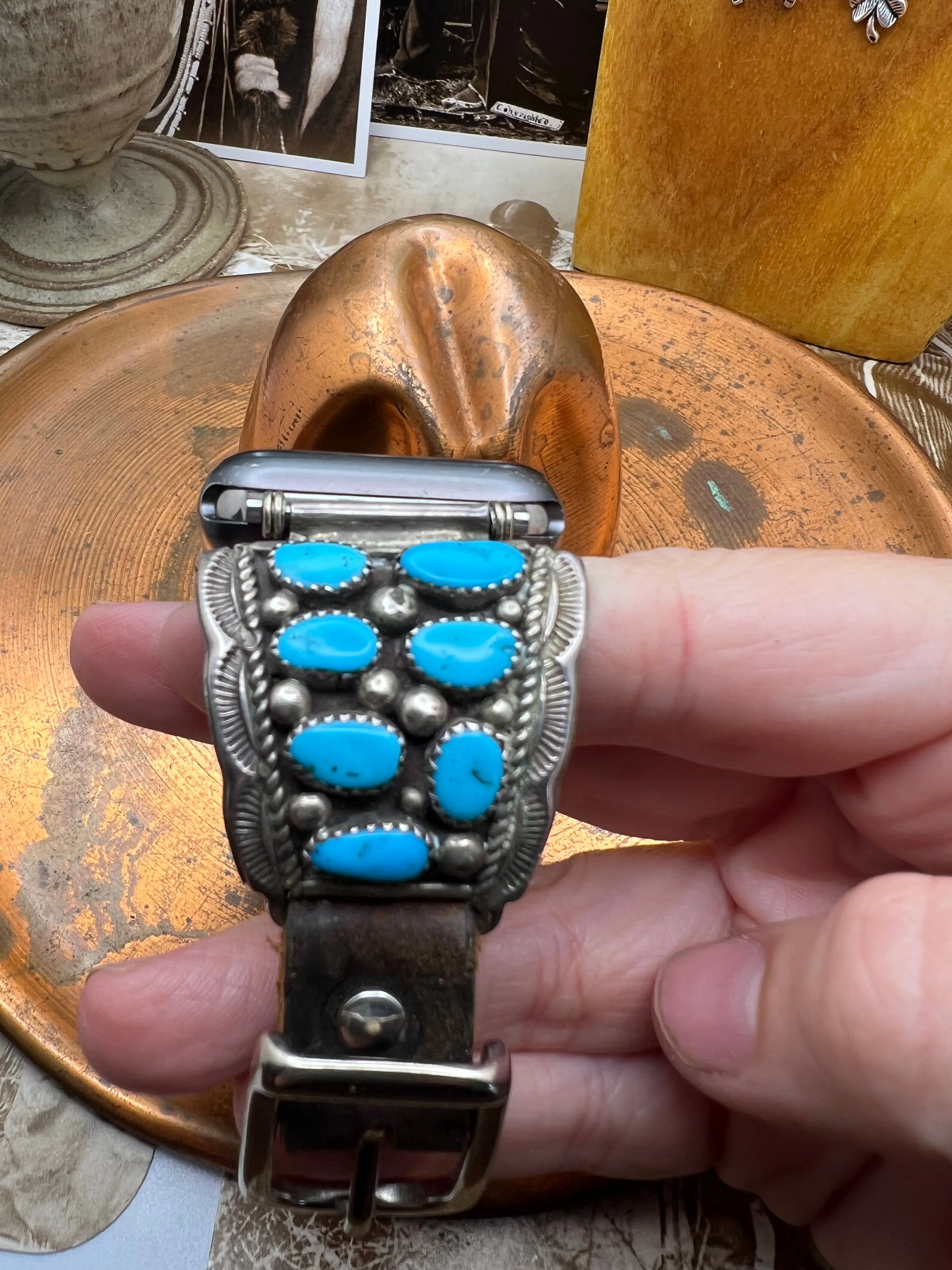 Vintage Native American Sterling Silver Watch Band with Turquoise F