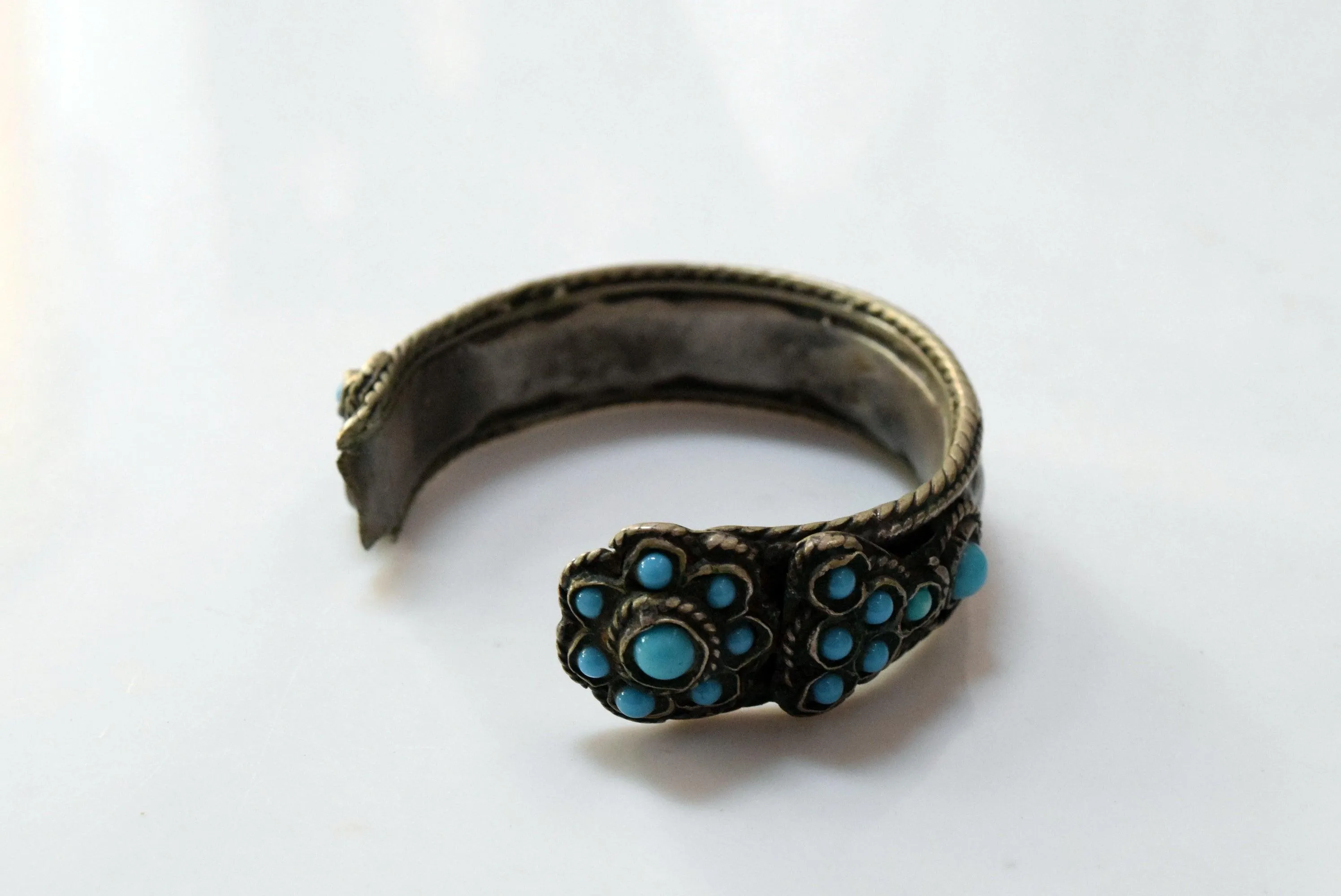 Vintage Rare Kurdish Silver Cuff Bracelet with Blue Glass