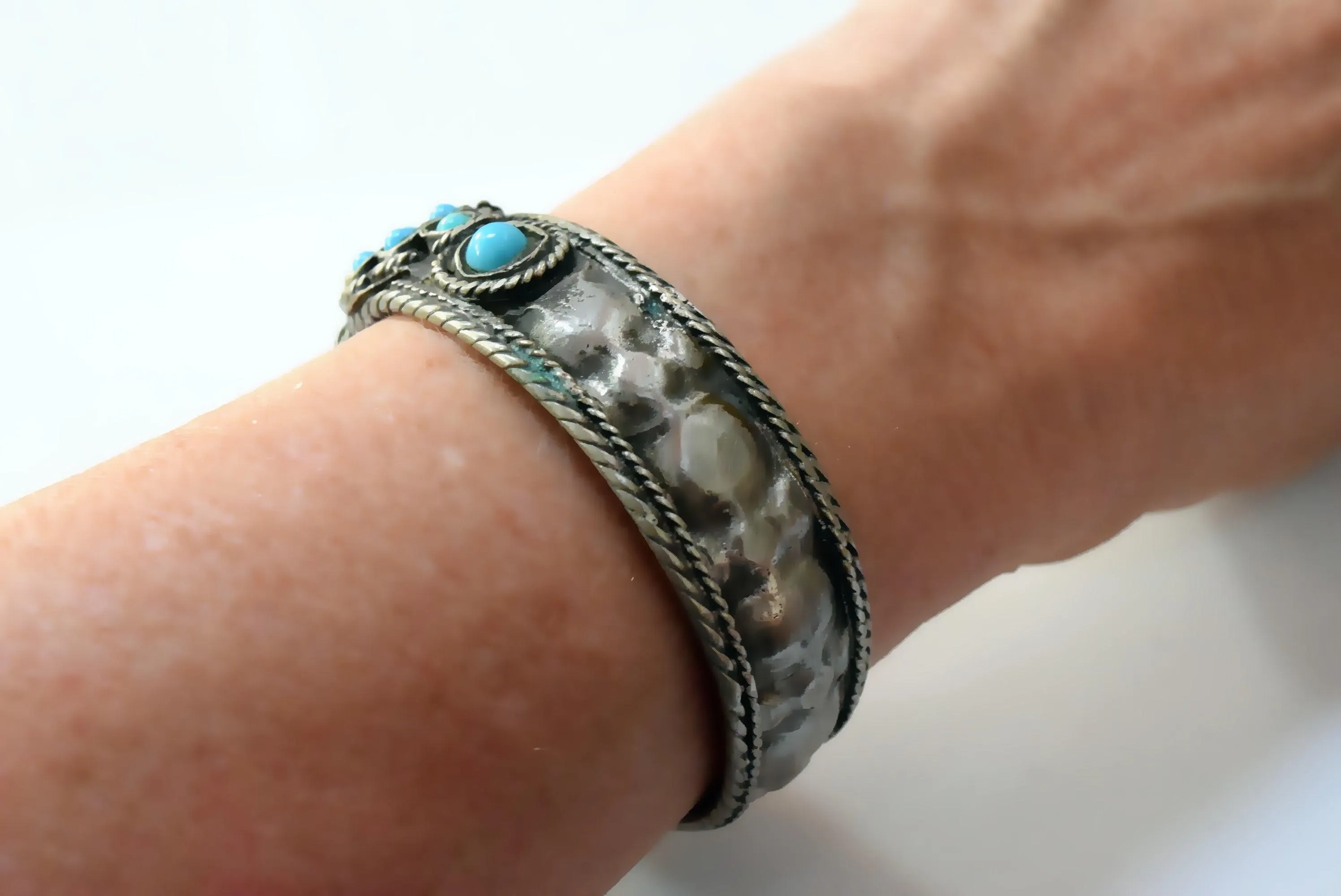 Vintage Rare Kurdish Silver Cuff Bracelet with Blue Glass