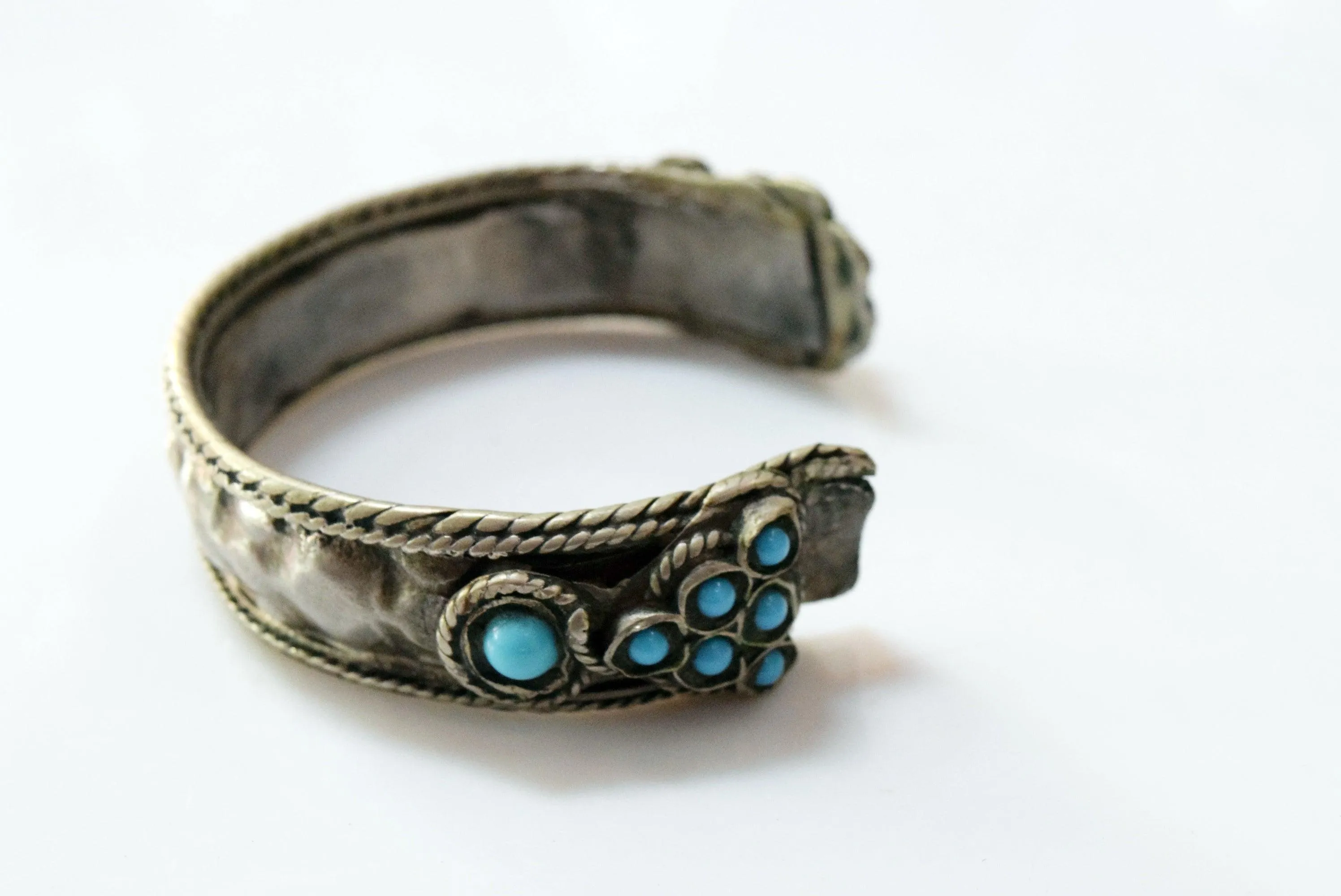 Vintage Rare Kurdish Silver Cuff Bracelet with Blue Glass