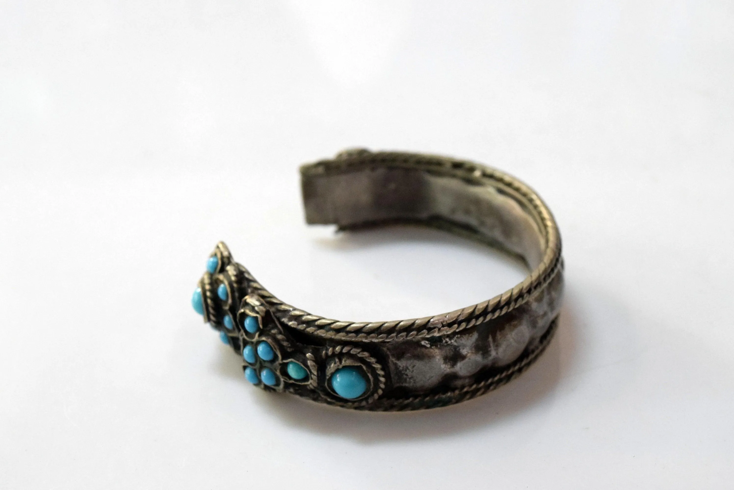 Vintage Rare Kurdish Silver Cuff Bracelet with Blue Glass