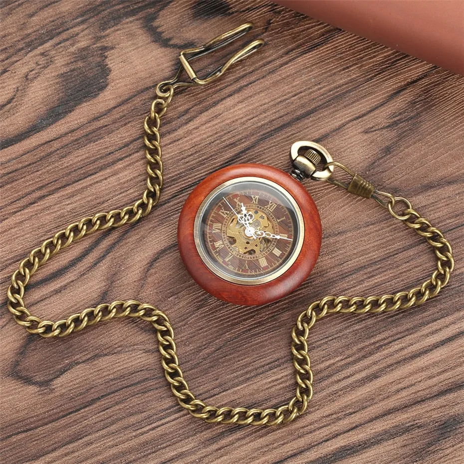 Vintage Red Wooden Case Mechanical Pocket Watch Chain Automatic Self-wind Watches Fob Open Face Unisex Clock Gifts for Men Women