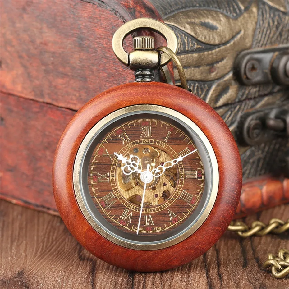 Vintage Red Wooden Case Mechanical Pocket Watch Chain Automatic Self-wind Watches Fob Open Face Unisex Clock Gifts for Men Women
