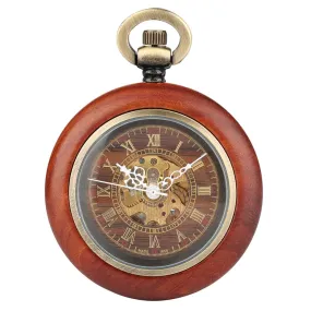 Vintage Red Wooden Case Mechanical Pocket Watch Chain Automatic Self-wind Watches Fob Open Face Unisex Clock Gifts for Men Women