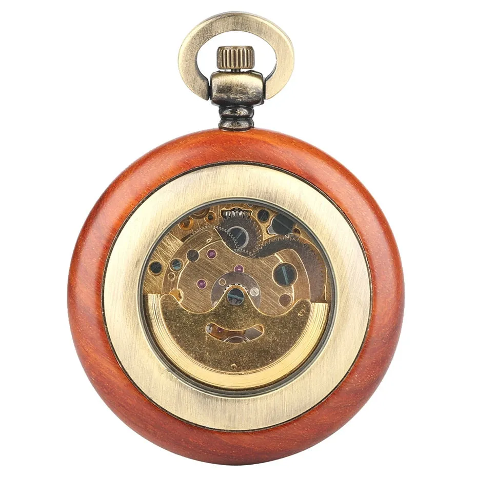 Vintage Red Wooden Case Mechanical Pocket Watch Chain Automatic Self-wind Watches Fob Open Face Unisex Clock Gifts for Men Women