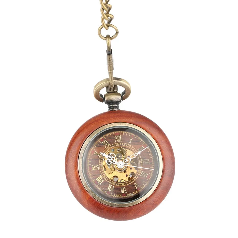 Vintage Red Wooden Case Mechanical Pocket Watch Chain Automatic Self-wind Watches Fob Open Face Unisex Clock Gifts for Men Women