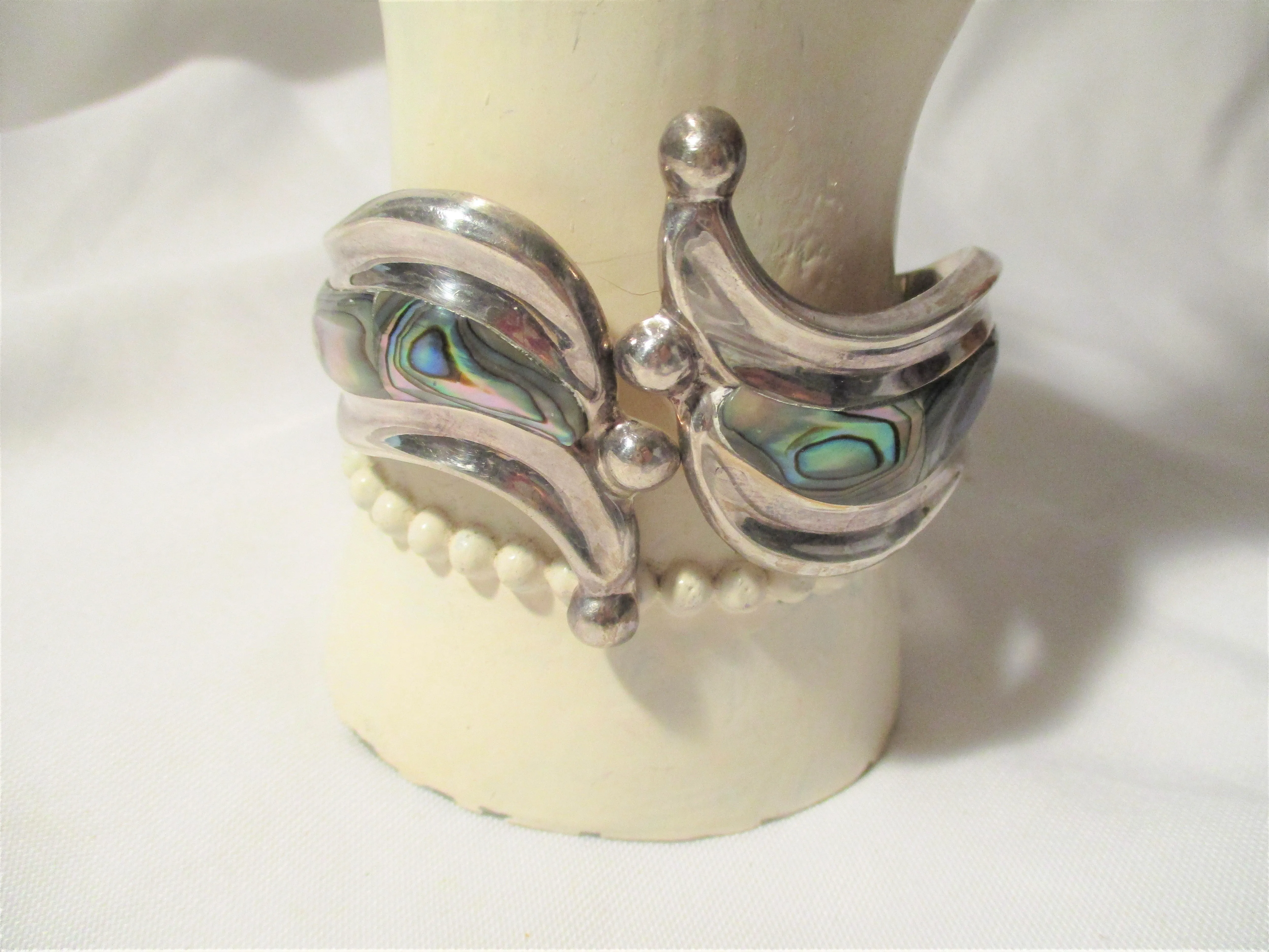 Vintage Signed TAXCO ABALONE Sterling Silver Hinged CUFF BRACELET BAND Jewelry Boho Statement