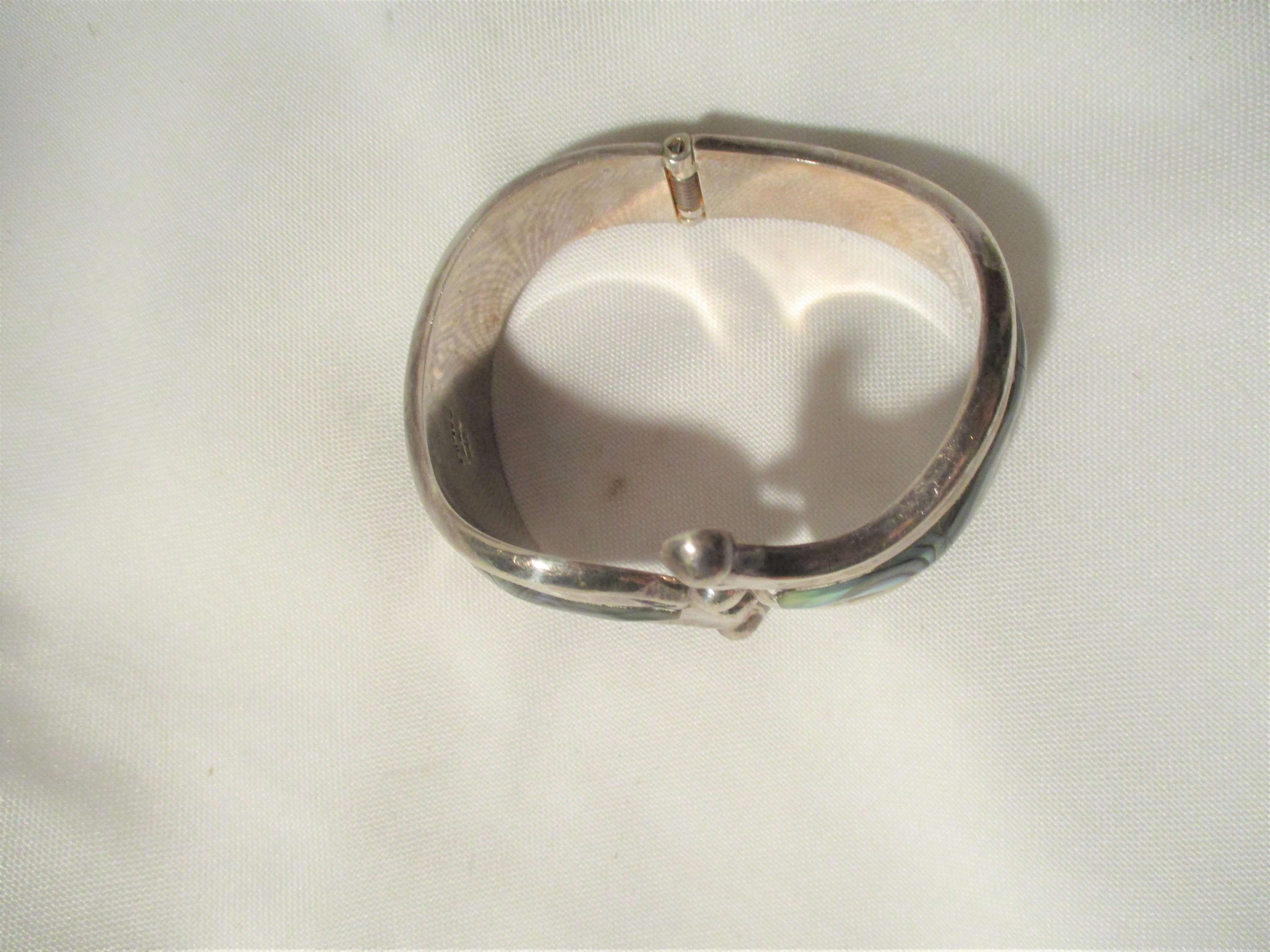 Vintage Signed TAXCO ABALONE Sterling Silver Hinged CUFF BRACELET BAND Jewelry Boho Statement