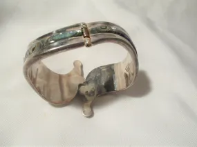 Vintage Signed TAXCO ABALONE Sterling Silver Hinged CUFF BRACELET BAND Jewelry Boho Statement