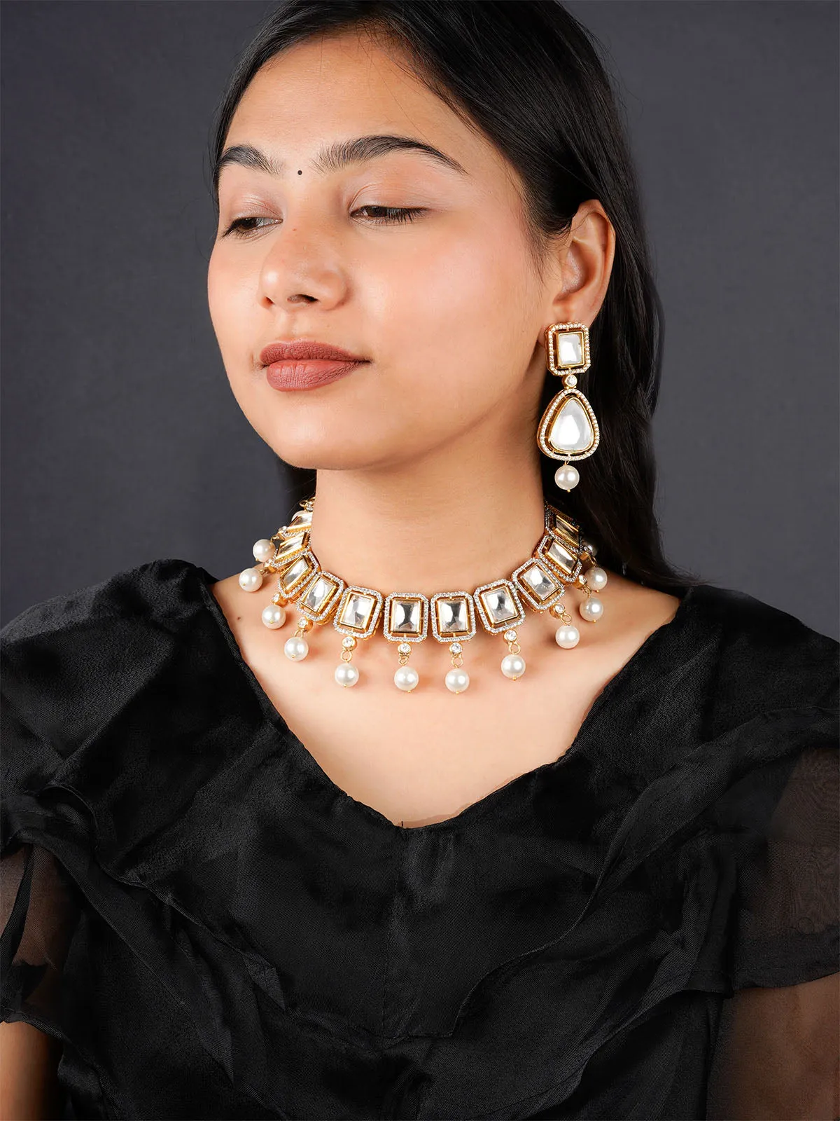 White Color Gold Plated Faux Polki Necklace Set - PK-S130