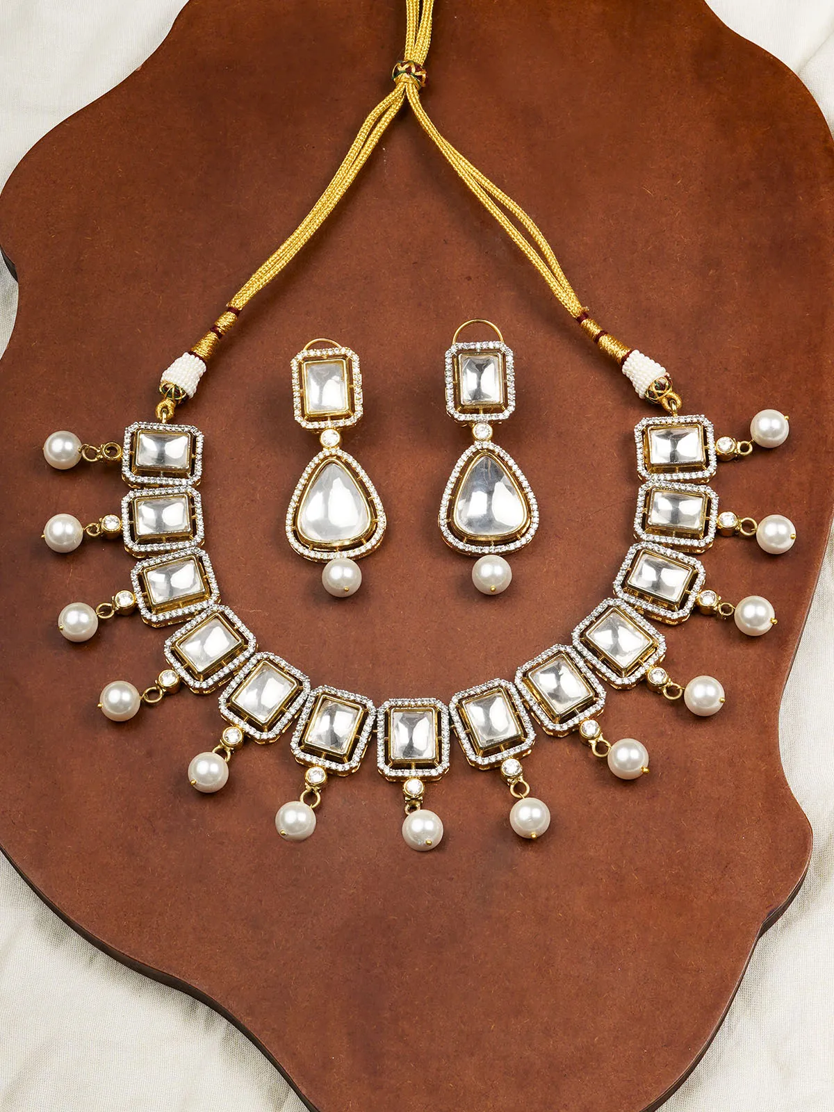 White Color Gold Plated Faux Polki Necklace Set - PK-S130