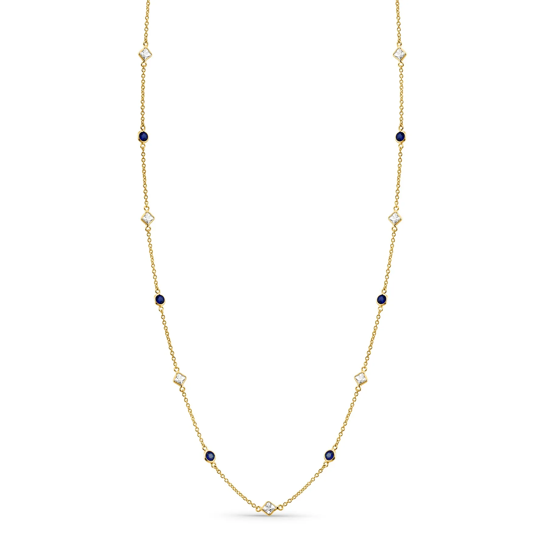 White Sapphire Square & Blue Sapphire Round Necklace In 18K Yellow Gold