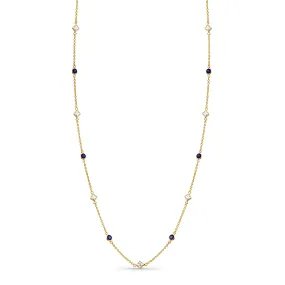 White Sapphire Square & Blue Sapphire Round Necklace In 18K Yellow Gold