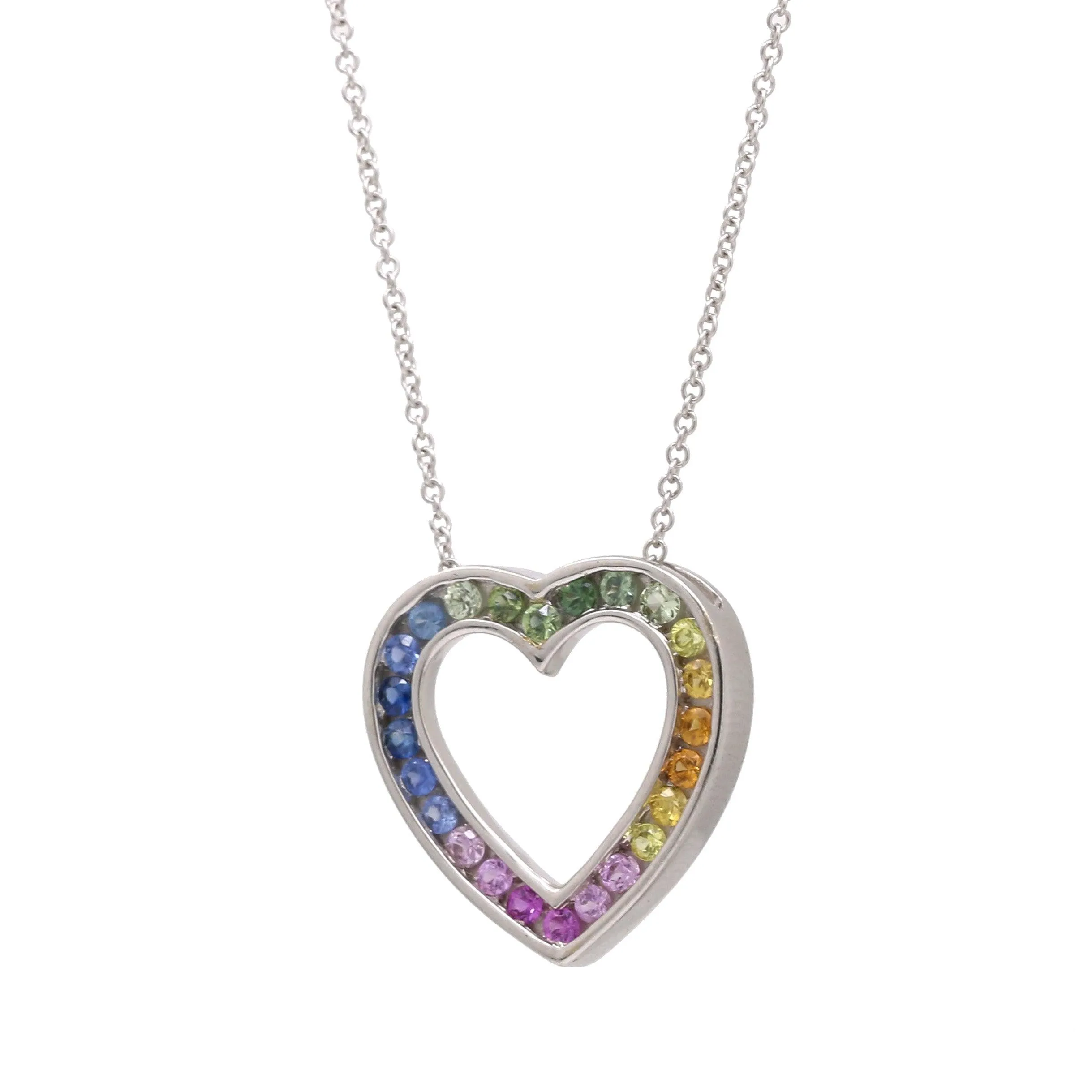 Women's Rainbow Sapphire Heart Pendant Necklace in 14k White Gold