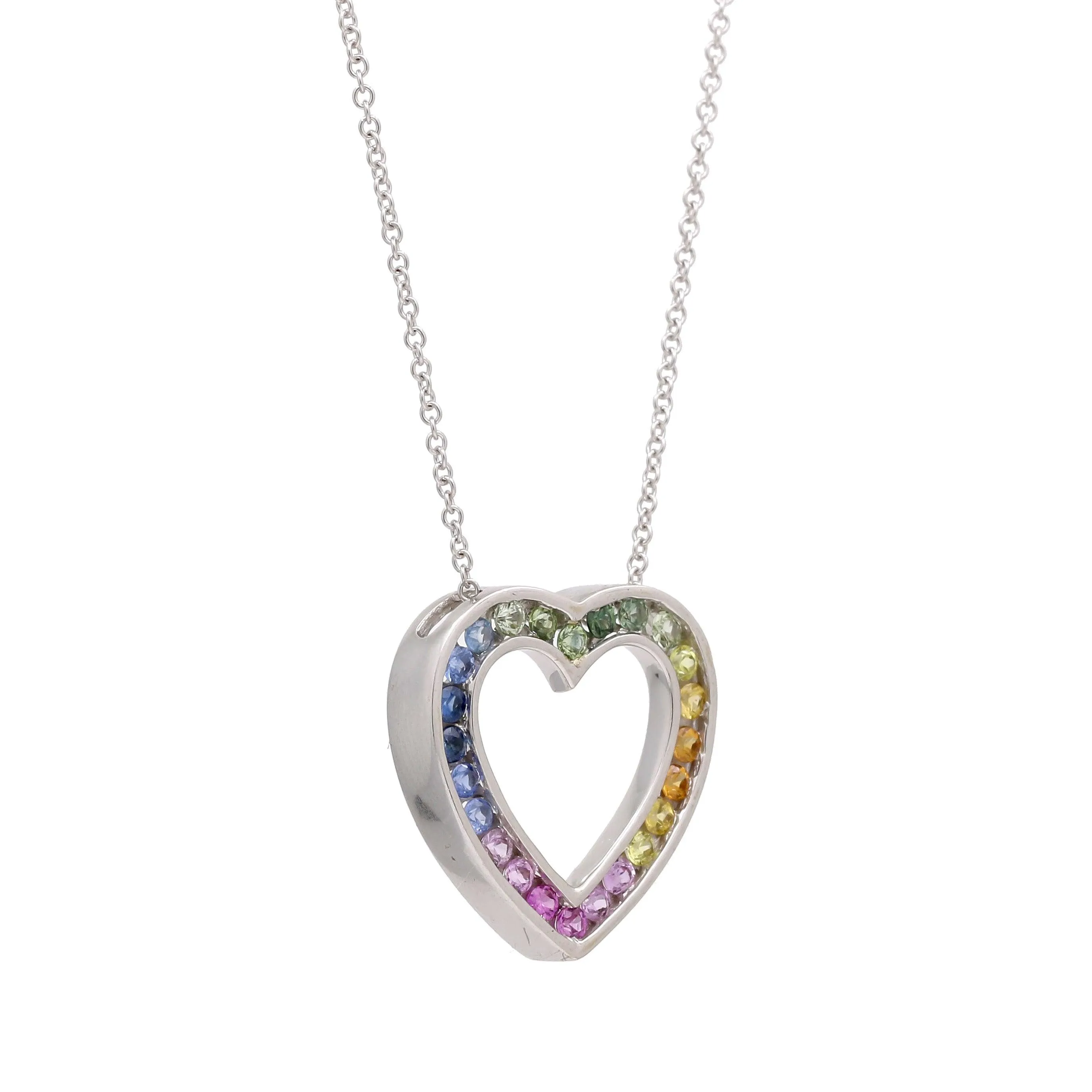 Women's Rainbow Sapphire Heart Pendant Necklace in 14k White Gold