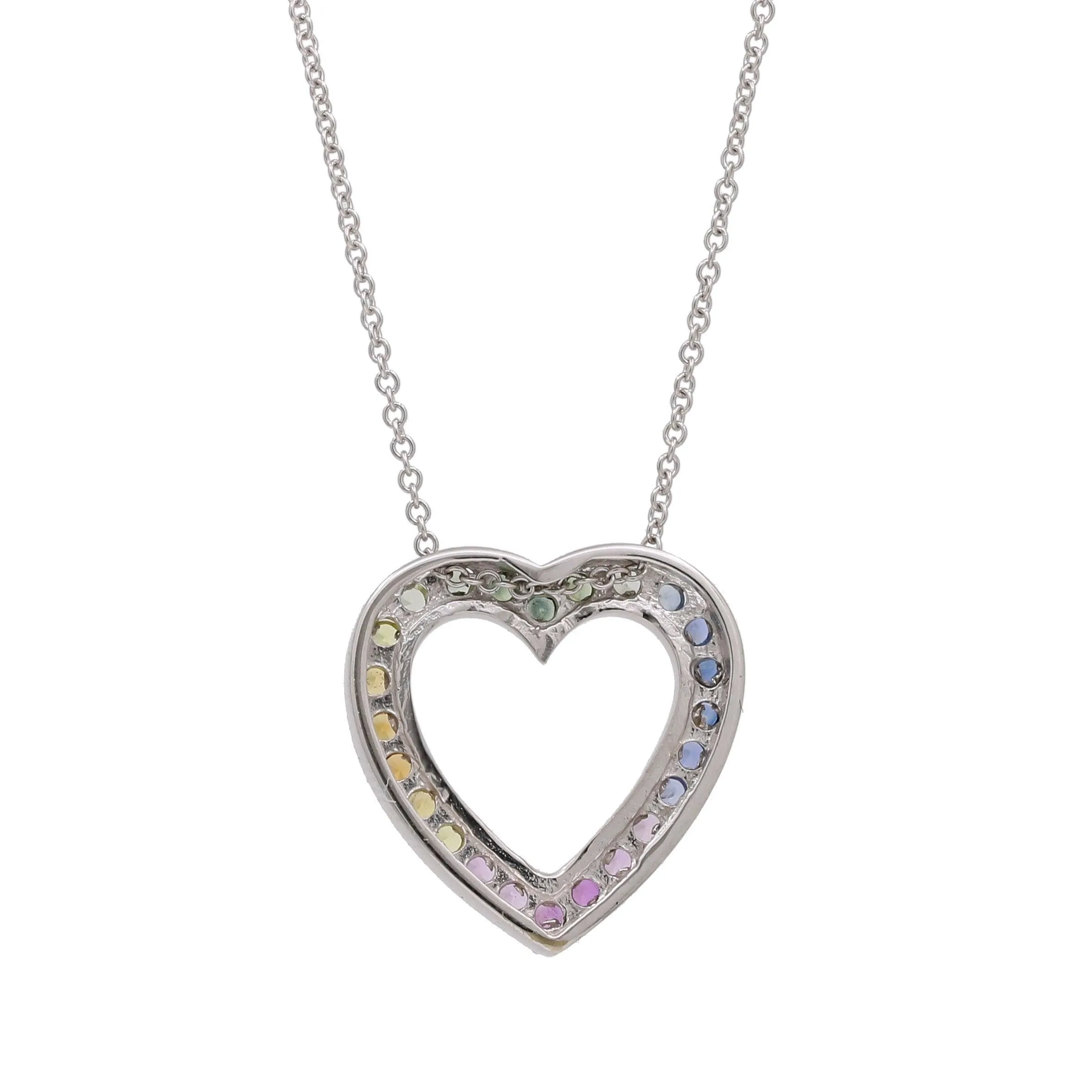 Women's Rainbow Sapphire Heart Pendant Necklace in 14k White Gold