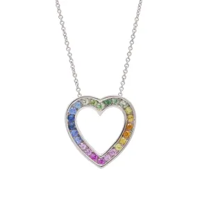 Women's Rainbow Sapphire Heart Pendant Necklace in 14k White Gold