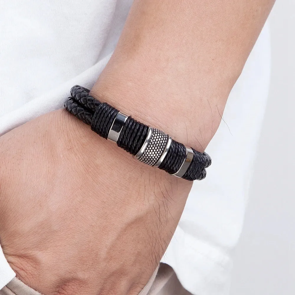 XQNI Men's Classic Woven Double-Layer Leather Rope Bracelet