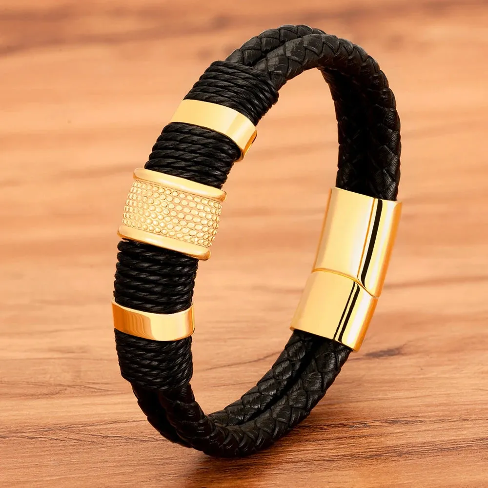 XQNI Men's Classic Woven Double-Layer Leather Rope Bracelet