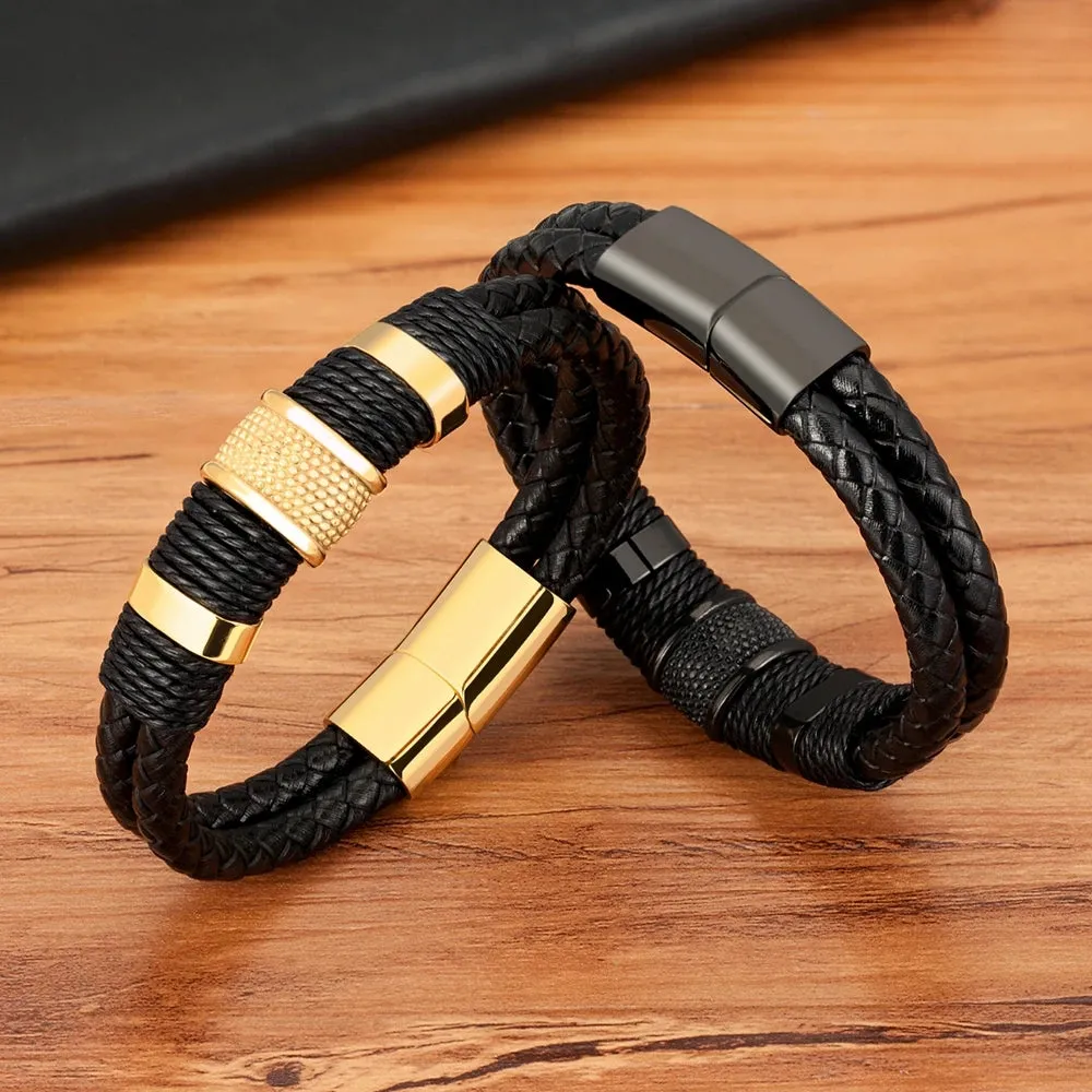 XQNI Men's Classic Woven Double-Layer Leather Rope Bracelet