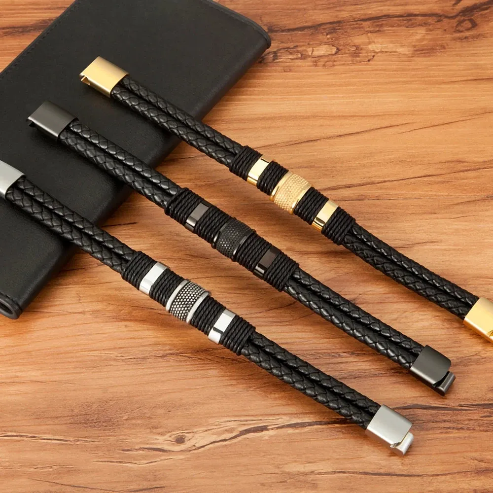XQNI Men's Classic Woven Double-Layer Leather Rope Bracelet