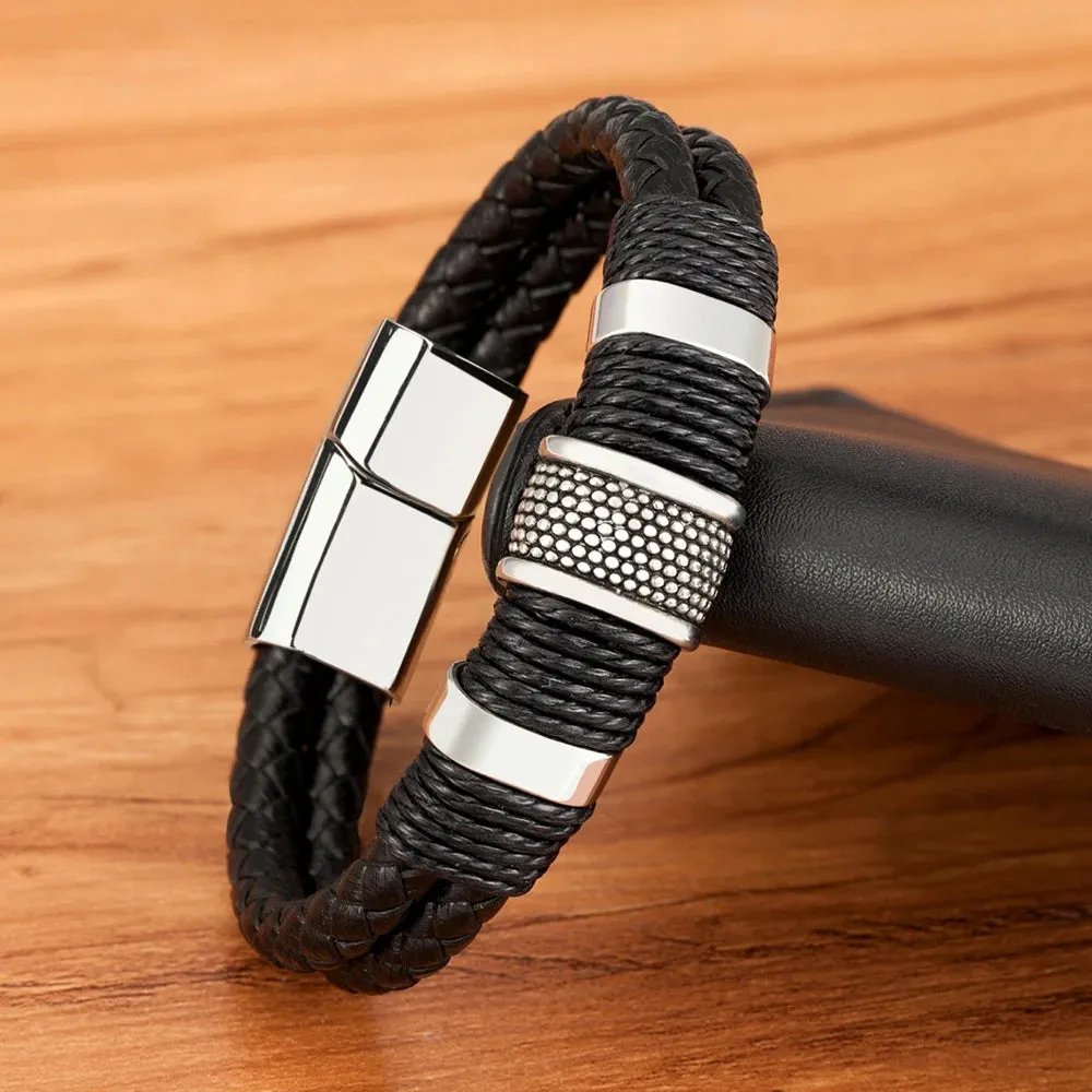 XQNI Men's Classic Woven Double-Layer Leather Rope Bracelet