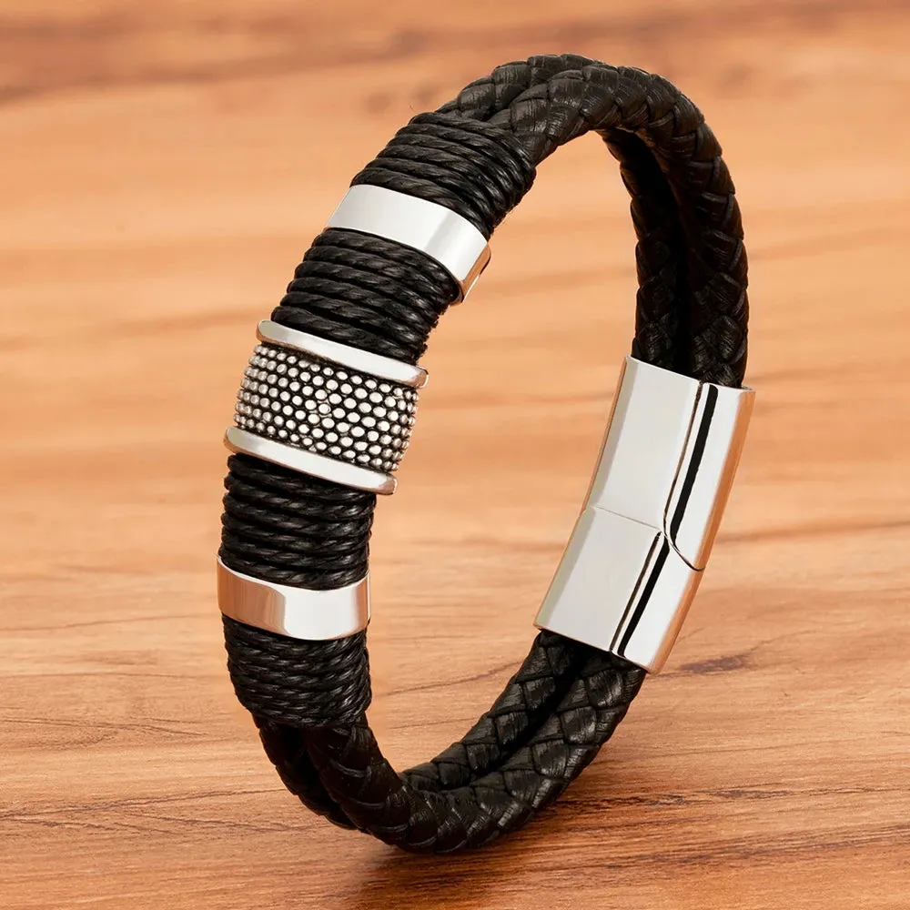 XQNI Men's Classic Woven Double-Layer Leather Rope Bracelet