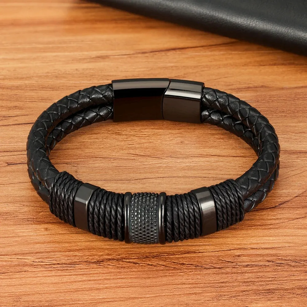 XQNI Men's Classic Woven Double-Layer Leather Rope Bracelet