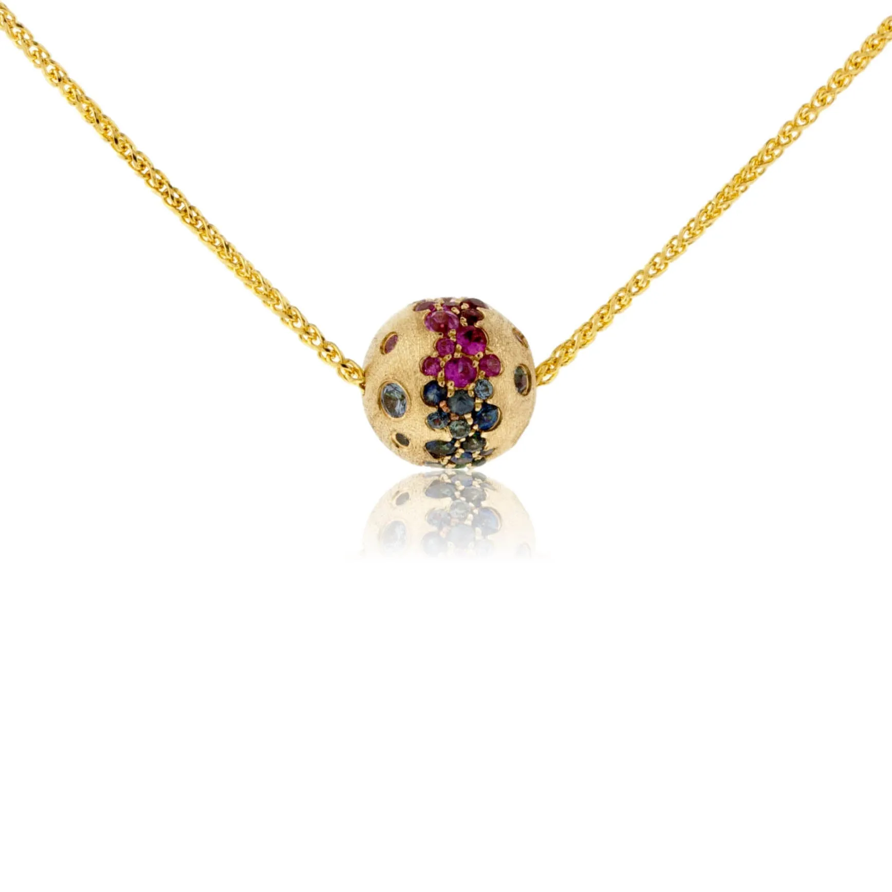Yellow Gold Satin Finish Flush Set Rainbow Sapphire Ball Necklace
