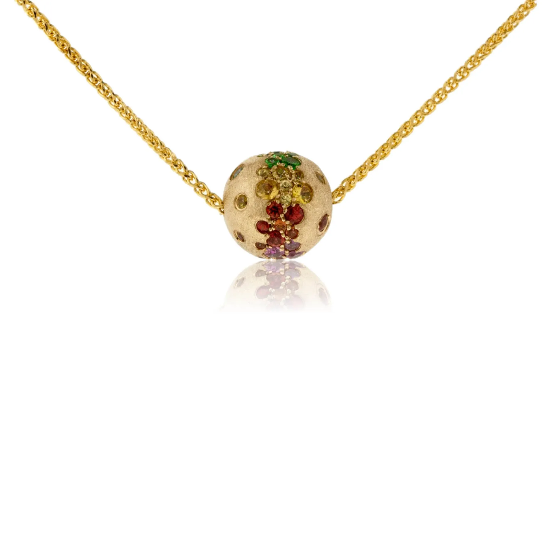 Yellow Gold Satin Finish Flush Set Rainbow Sapphire Ball Necklace