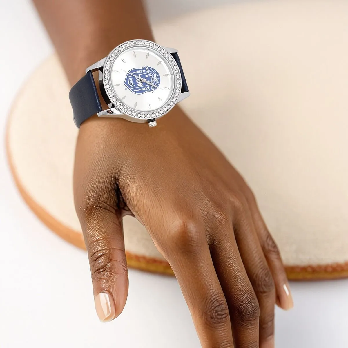 Zeta Phi Beta ZPB Blue Leather Silver Sun Cut Dial Watch Women